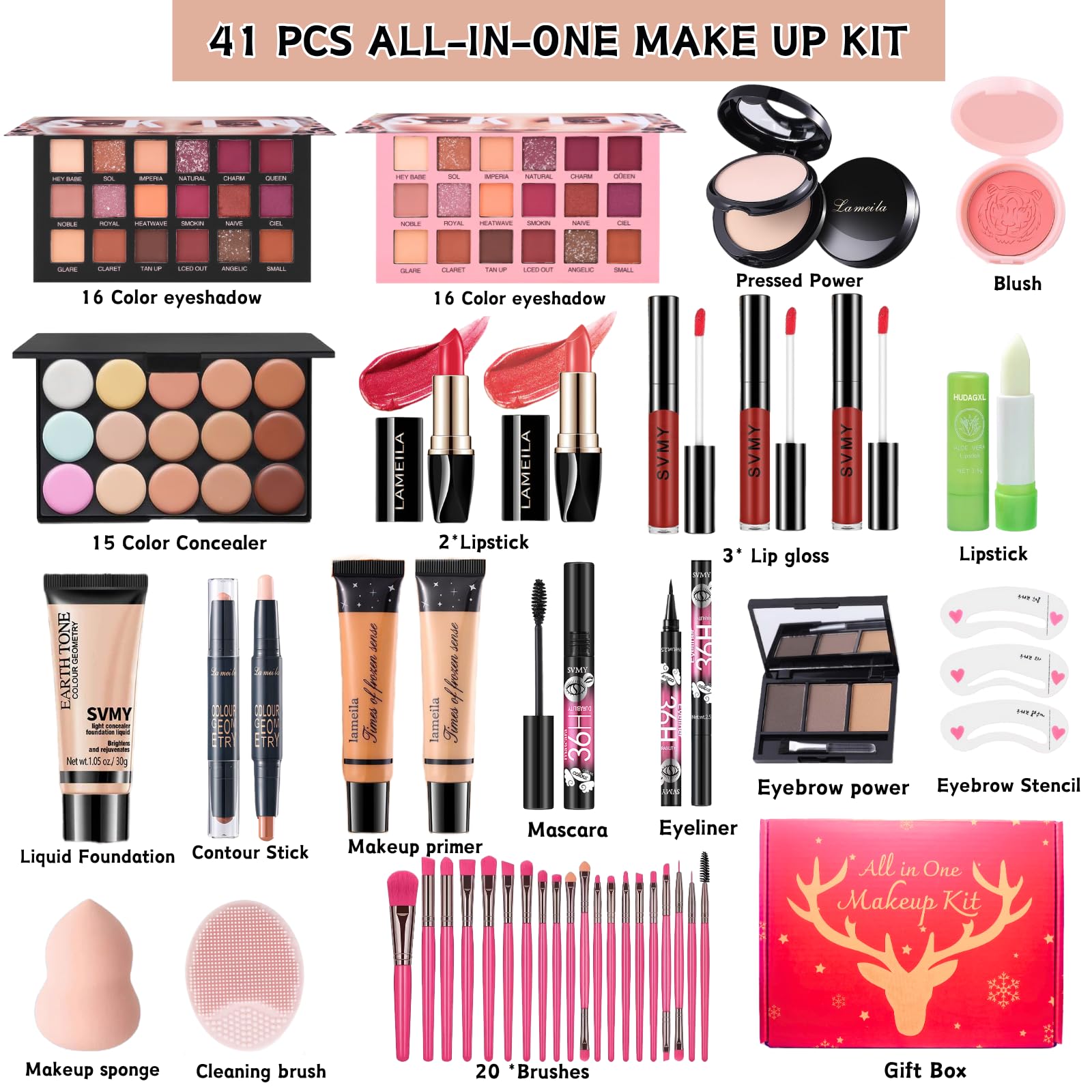 All in One Makeup Kit for Women Full Kit, 41PCS Professional Makeup Kit, Foundation Eyeshadow Lipstick Eyeliner Brush set, Complete Make Up Gift Set for Beginners and Professionals Alike