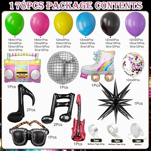 Miniatura 3 de Decoraciones para fiestas de los años 80 y 90, kit de arco de globos de 178 piezas, bola de discoteca, gafas retro, notas musicales, patines