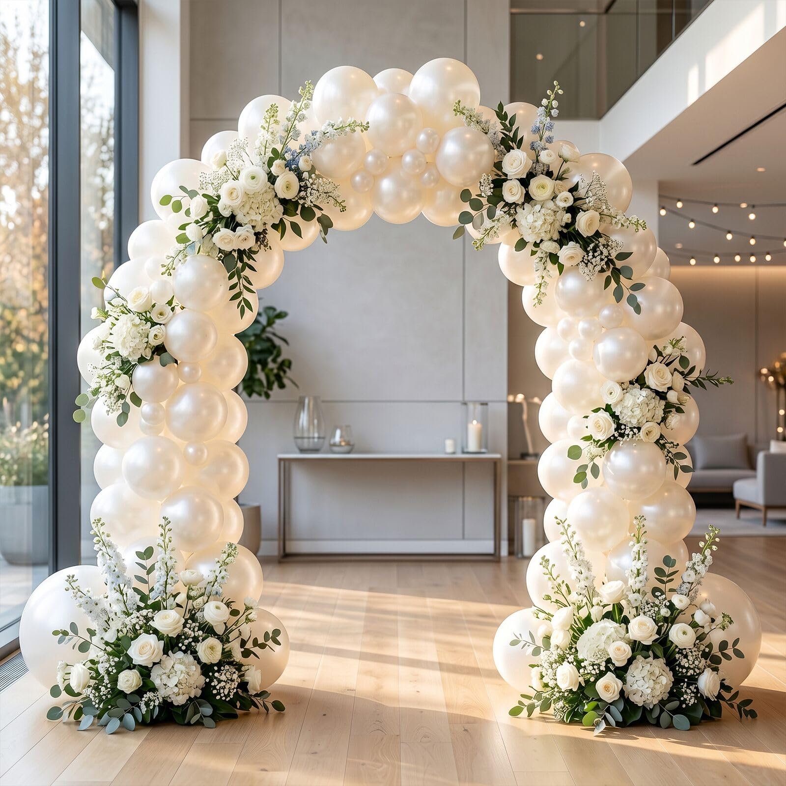 Photo 1 of 134PCS Pearl White Double-Stuffed Balloons Garland Arch Kit With 600PCS Pearl Stickers,18/12/10/5 inch Different Size Pearl Ivory Balloons for Wedding Bridal Shower Engagement Decorations