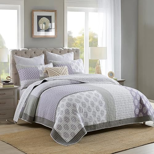 Vista 28 de PANGUSHAN Juego de edredón tamaño Queen, juego de ropa de cama 100% algodón, colcha floral reversible de retazos para cama Queen, colcha de cama