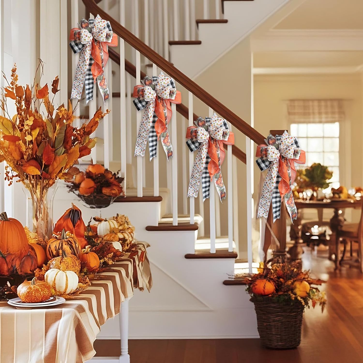 Fall Bows for Wreaths-Pumpkin, Autumn Leaves & Black and White Checkered & Orange，Thanksgiving Ribbon Bow，Indoor/Outdoor Wall Decor