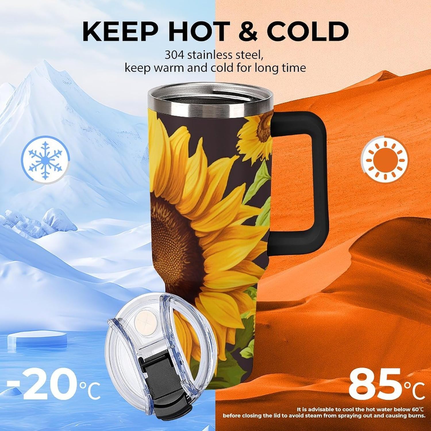 40 Oz Tumbler with Straw And Lid Beautiful Sunflower Insulated Travel Coffee Mug Stainless Steel Water Bottle Vacuum Insulated Tumblers for Sport Work Car Travel Weekends