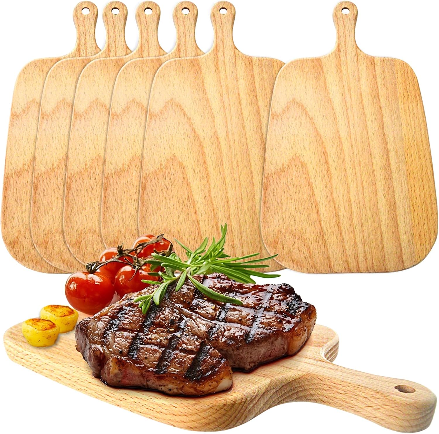 6 Pcs Wood Cutting Board with Handle,Thicken Wood Charcuterie Kitchen Chopping Boards,Serving Board for Meat,Cheese,Bread,Vegetable,Fruit,Wedding(10.5 x 6 Inch)