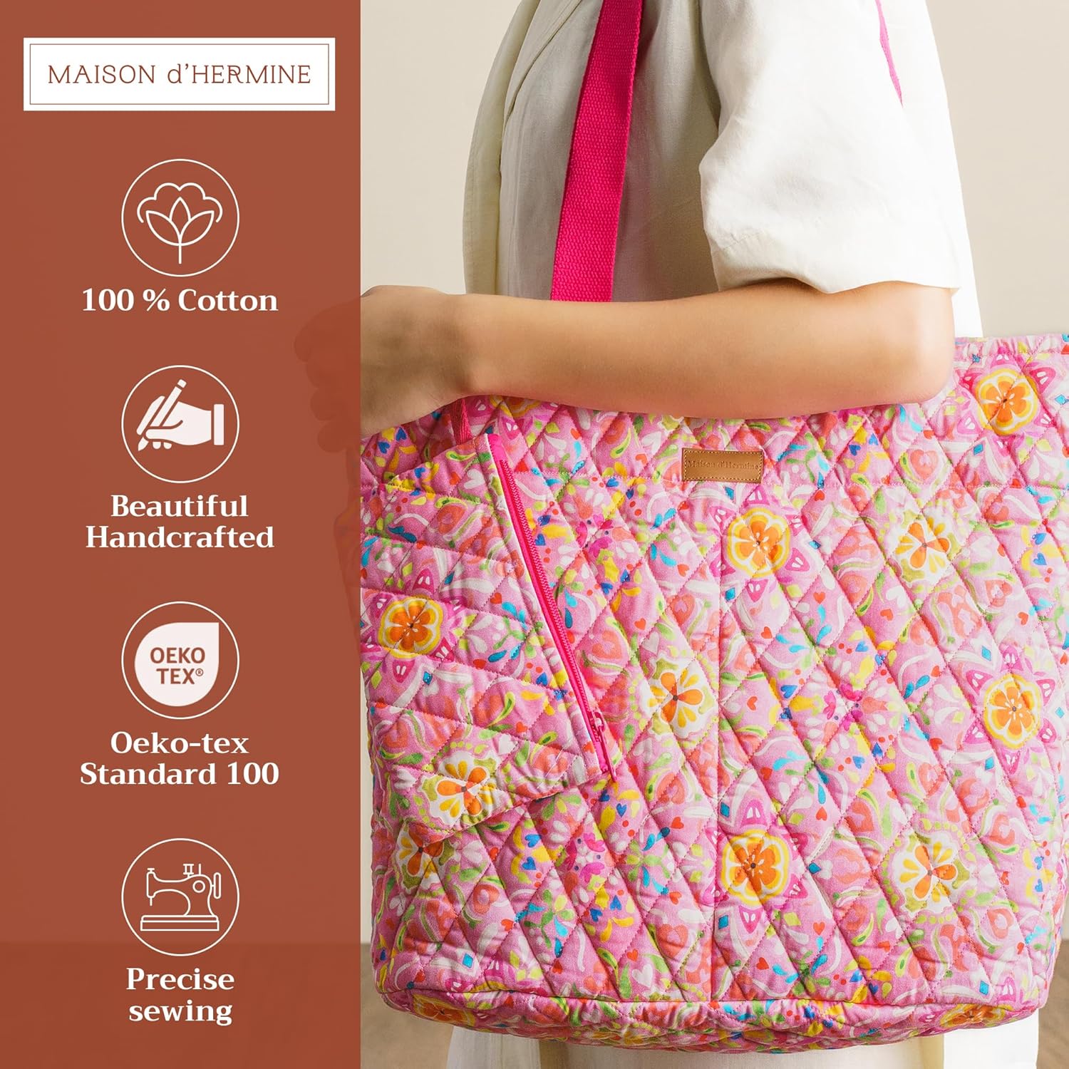 Maison d' Hermine Shopping Bags Cotton Quilted Tote Bag Zipper Pockets Small Pouch Reusable Grocery Bag Mothers day Gifts