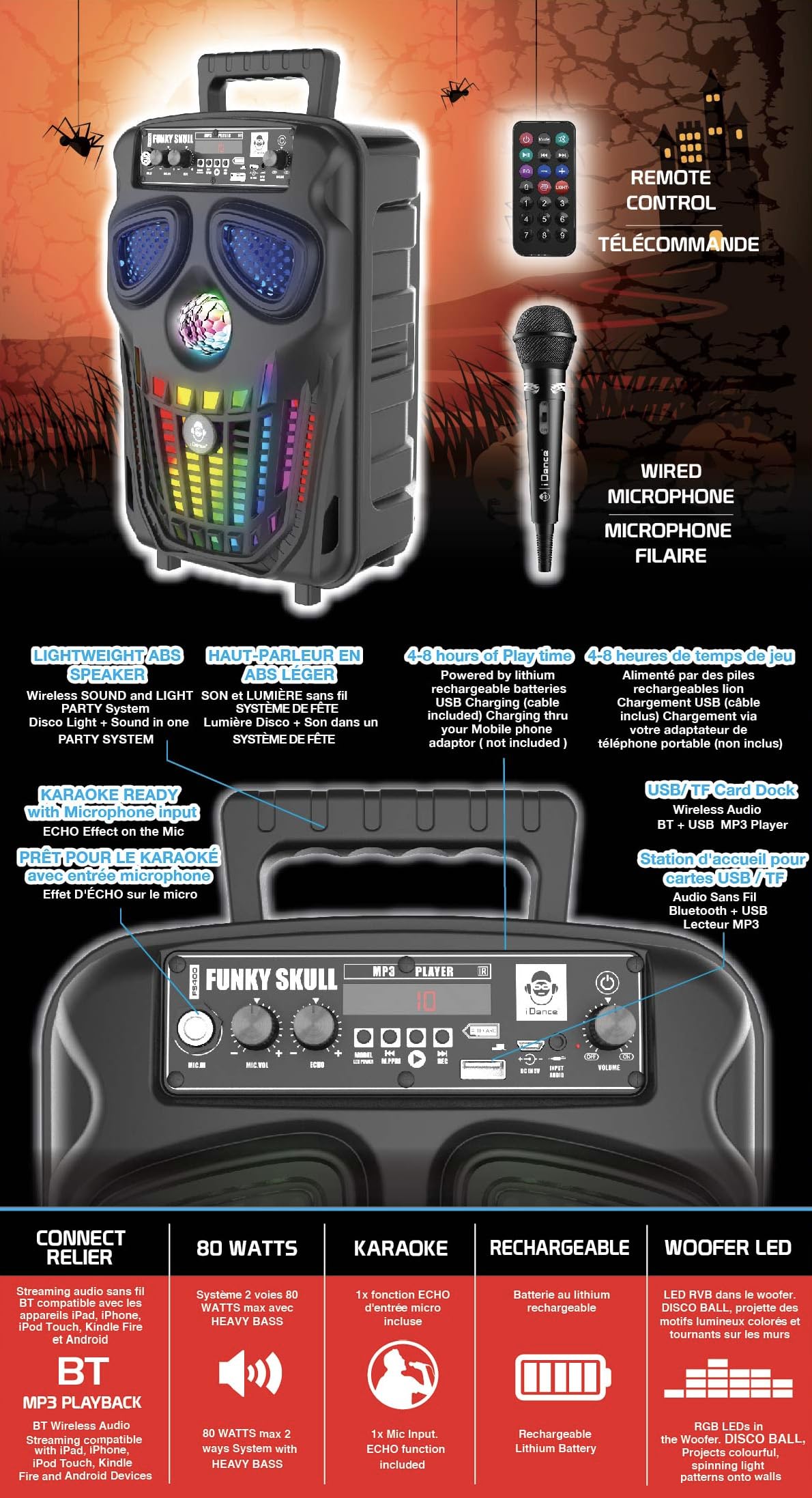 iDance Funky Skull FS400 Altoparlante Portatile Bluetooth per Feste con Effetti di Luce LED, Super Bass e Funzione Karaoke