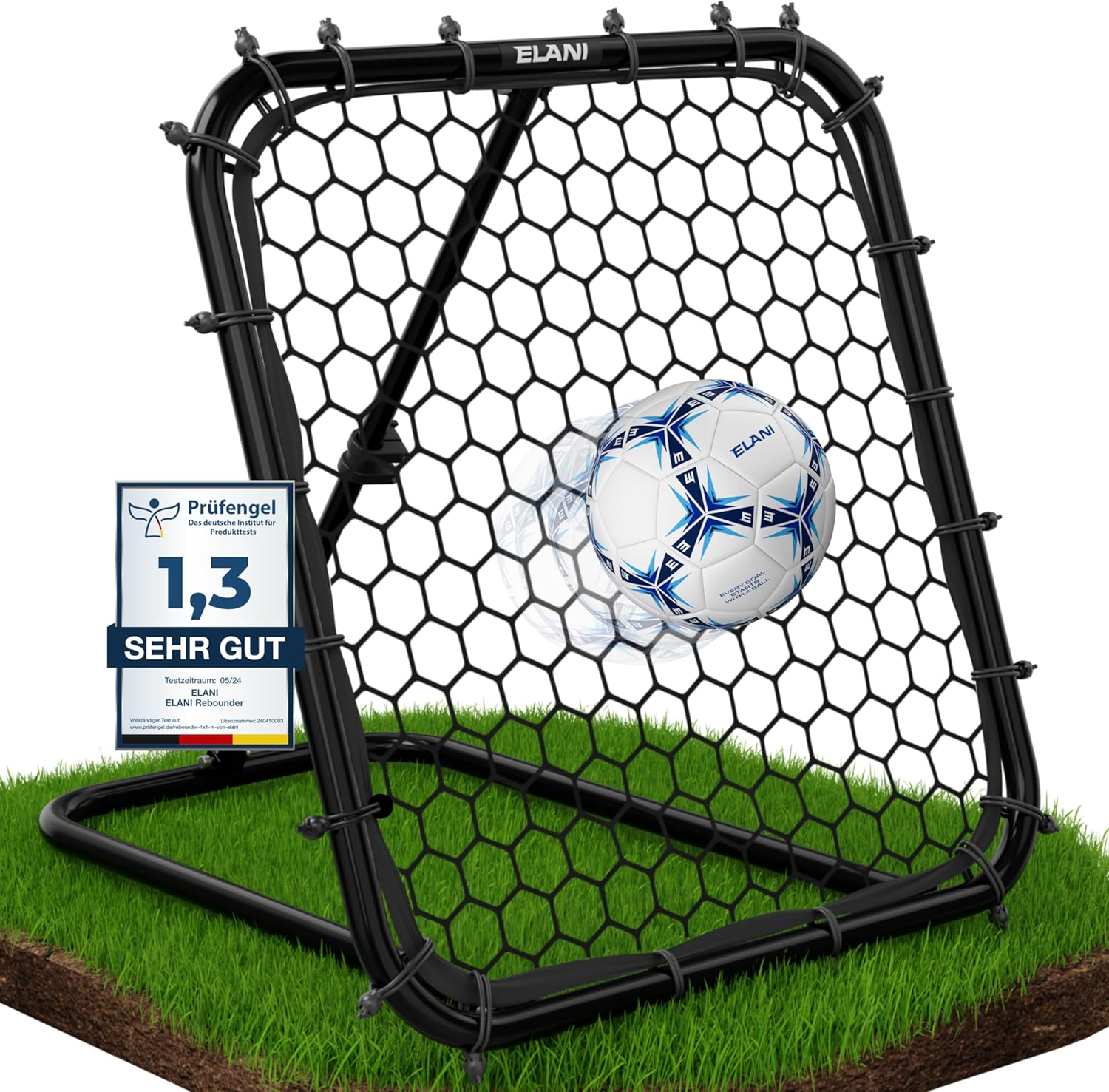 ELANI - Rebounder für Fußball 1x1m mit Schutzrand &amp; 6 Heringen für sicheren Stand - Fussball Rebounder mit stabilem Rahmen - Tornetz - auch für Handball &amp; Volleyball - Fußball
