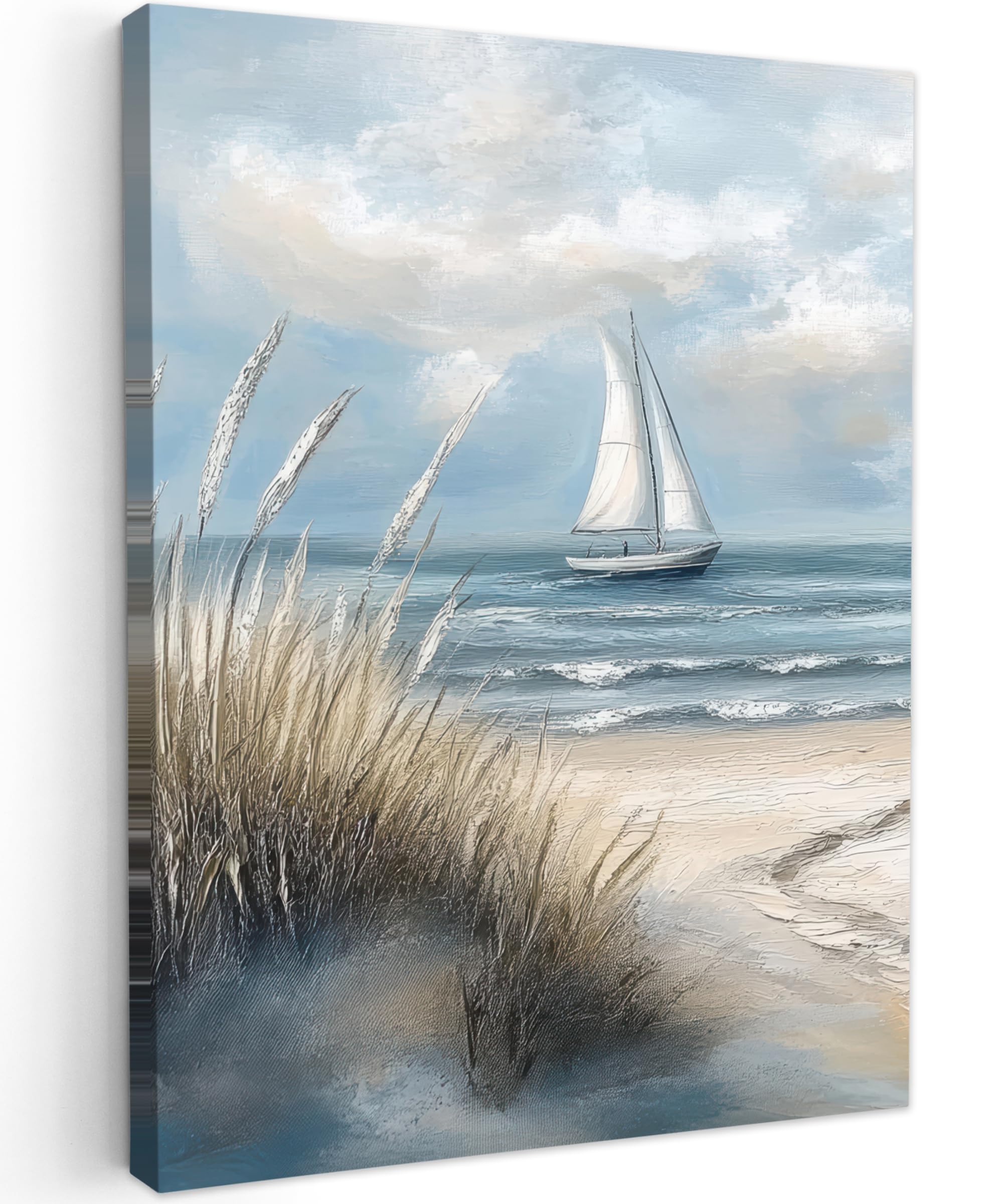 MuchoWow© Canvas Wall Art 12"x16" / 30x40 cm Decor Paintings Print framed on Canvas Pictures for Hallway Sea - Sailboat - Beach - Dunes - Vintage