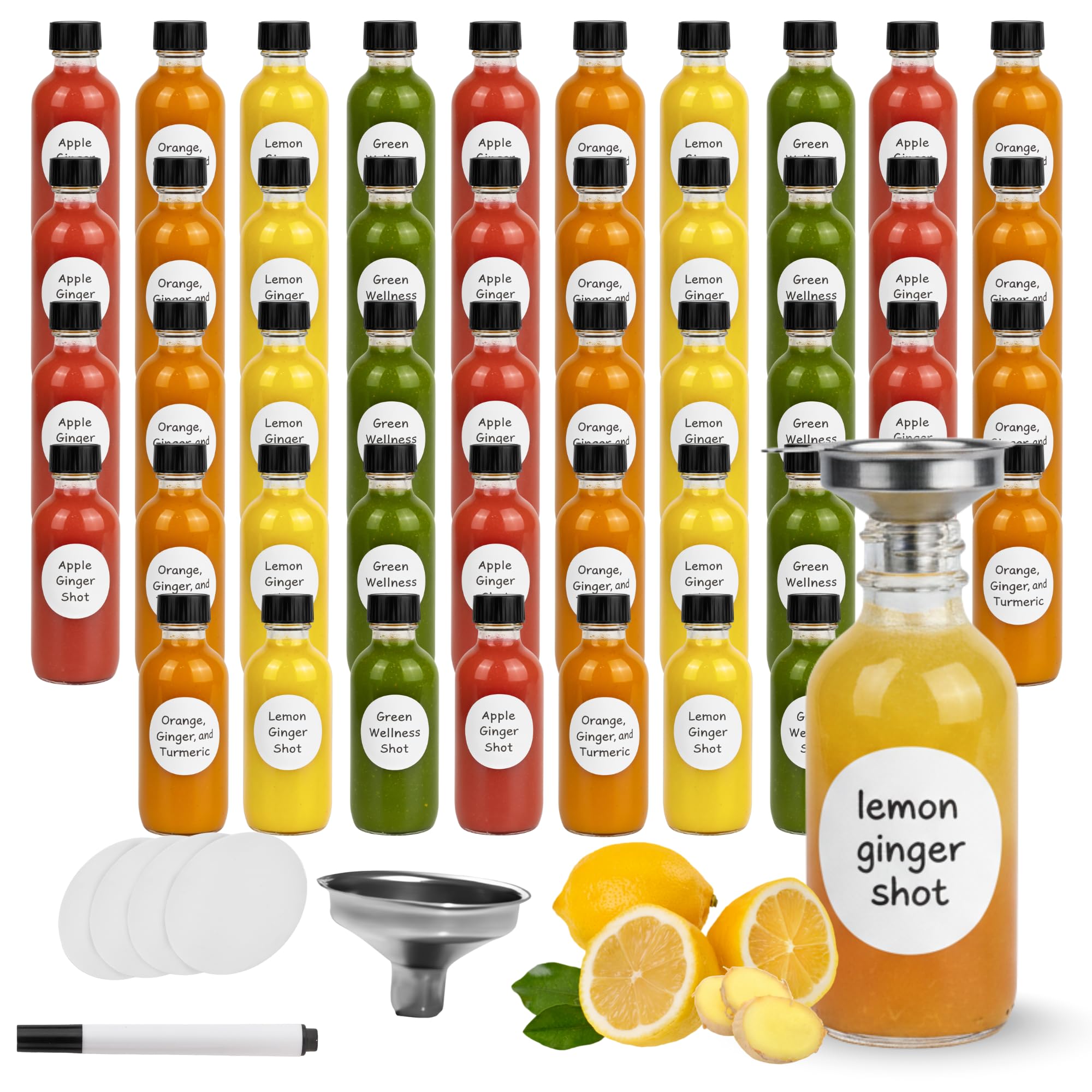 Ginger Shot Bottles Glass – 48-Pack Mini Glass Shot Bottles with Lids 60ml/2oz - Small Reusable Wellness Bottle Clear No Leak with Funnel and Label - Ideal for Ginger Shots, Juice, Turmeric & Whiskey