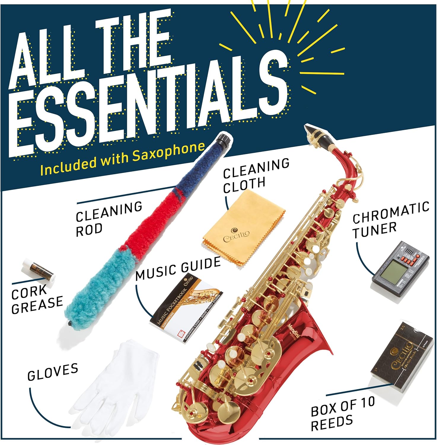 Mendini By Cecilio Alto Saxophone for Beginners, E Flat Alto Saxophone for Students Musicians with Tuner, Mouthpiece, Case, 10 Reeds, Grease, Cleaning Cloth & Rod, Gloves, Strap, Book (Red Gold)