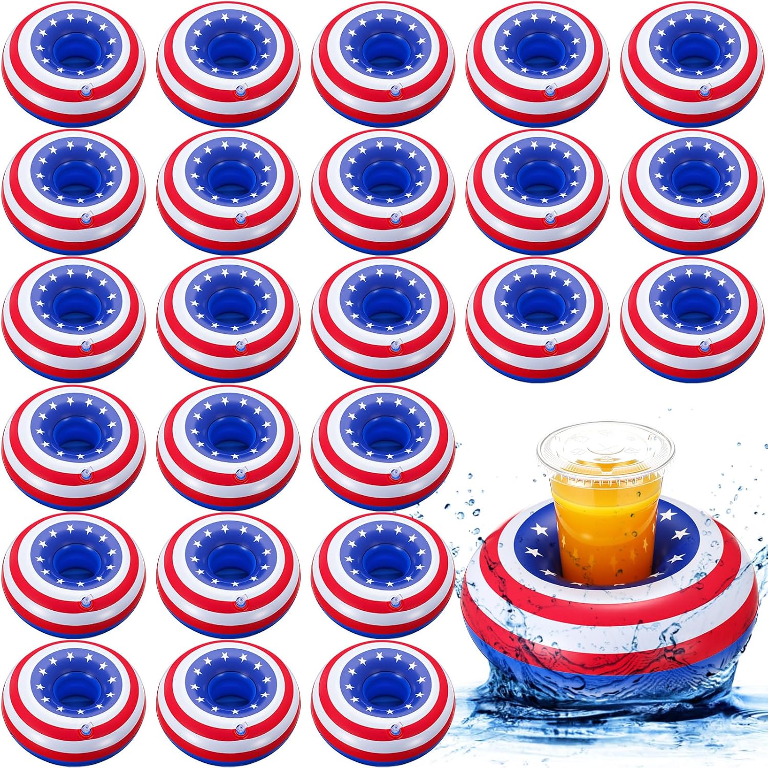 Silipull Inflatable Patriotic Drink Holder 4th of July Pool Cup Coasters 250th Anniversary Floating Beer Floats Red White Blue Summer Beach Party Supplies Independence Day Bath Shower Toys