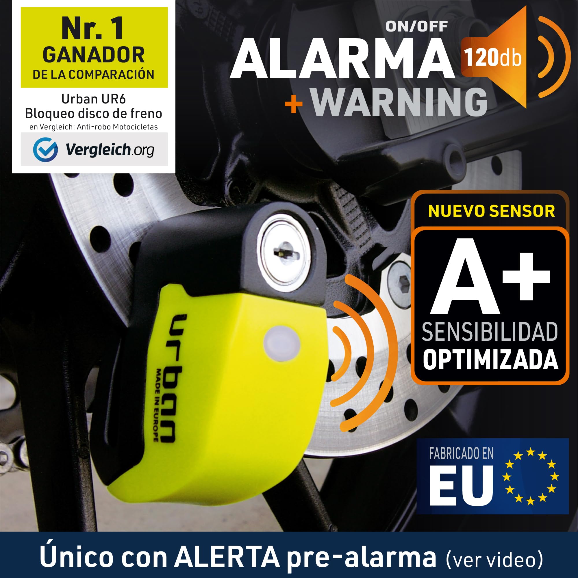 URBAN UR6 Candado Moto con Alarma Inteligente | Antirrobo Disco Más Eficaz | Hi-Tech, 120db, LED, Warning Sensibilidad A+, Pila CR2 Larga Duración, Más Impermeable, Pinza 6mm Universal Scooter Bici