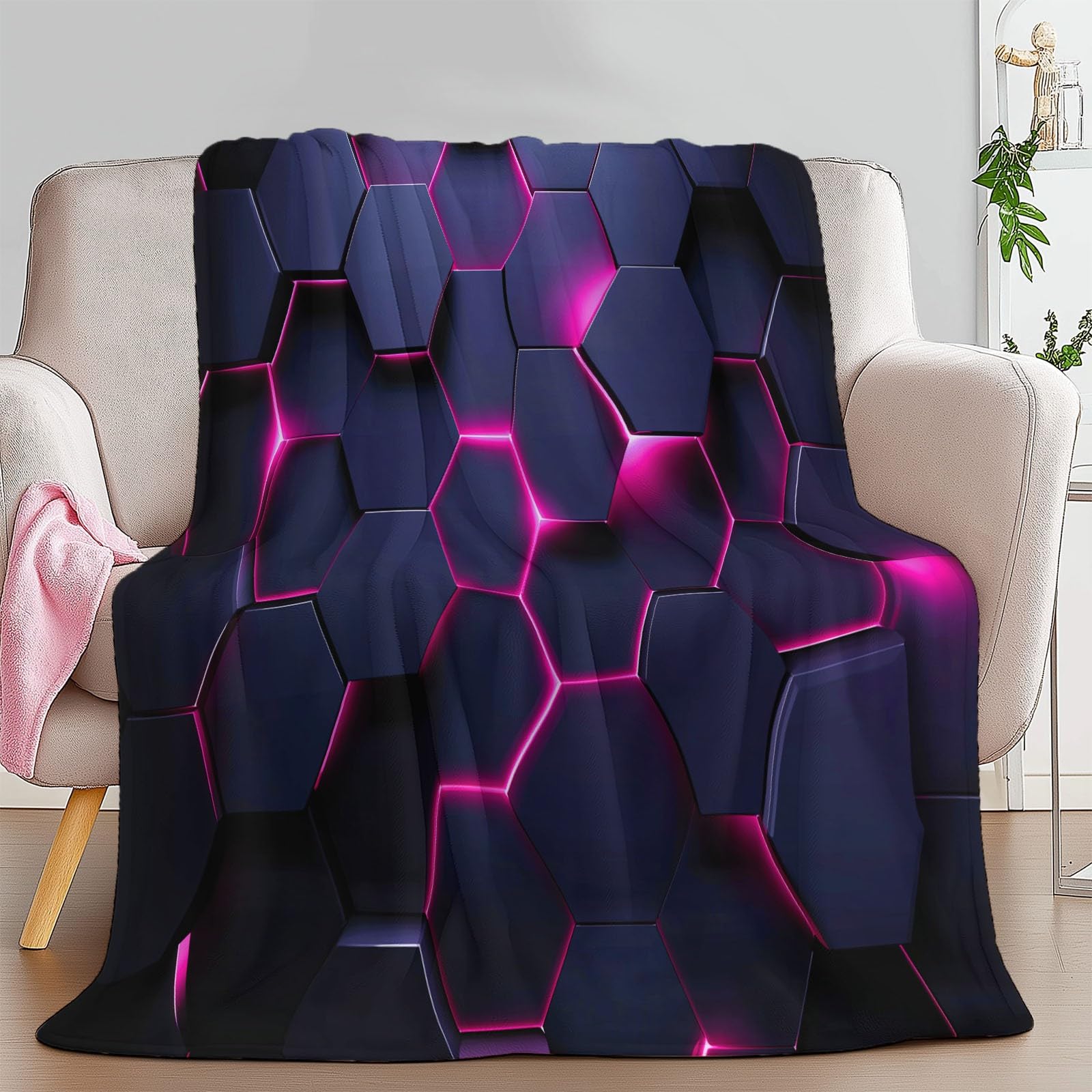Coperta Peluche Morbido Arcobaleno Neon per Divano Sedia, Morbidi Coperte Plaid Flanella Fantascienza 3D Esagoni Geometrico - Caldo Trapuntino Sherpa Peluche Morbido Copriletto Letto, 180 x 220 cm
