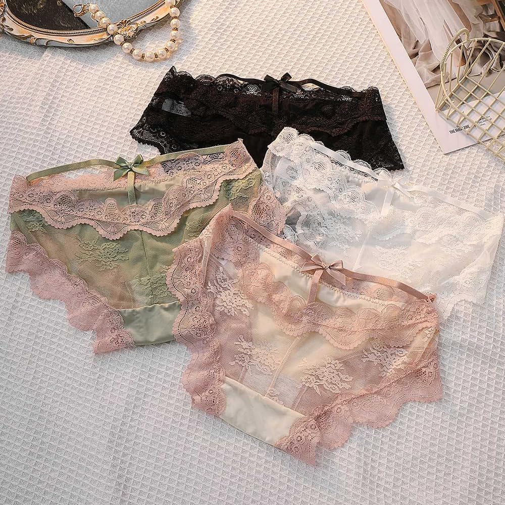 4 Pack Women's Underwear for Women Panties Kawaii Japanese-Style Ruffled Sheer Lace Bow