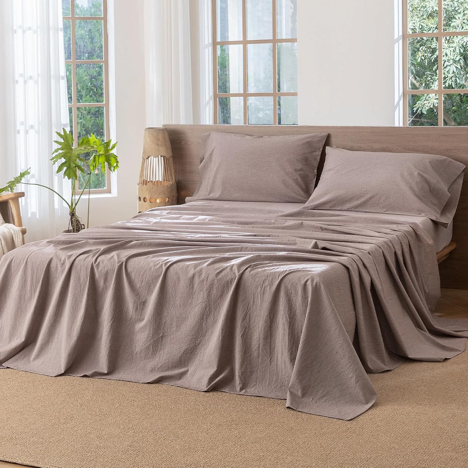 MooMee Flat Top Sheet Only 100% Washed Cotton Linen Like Textured Breathable Durable Soft Comfy (Mauve Brown, Queen)