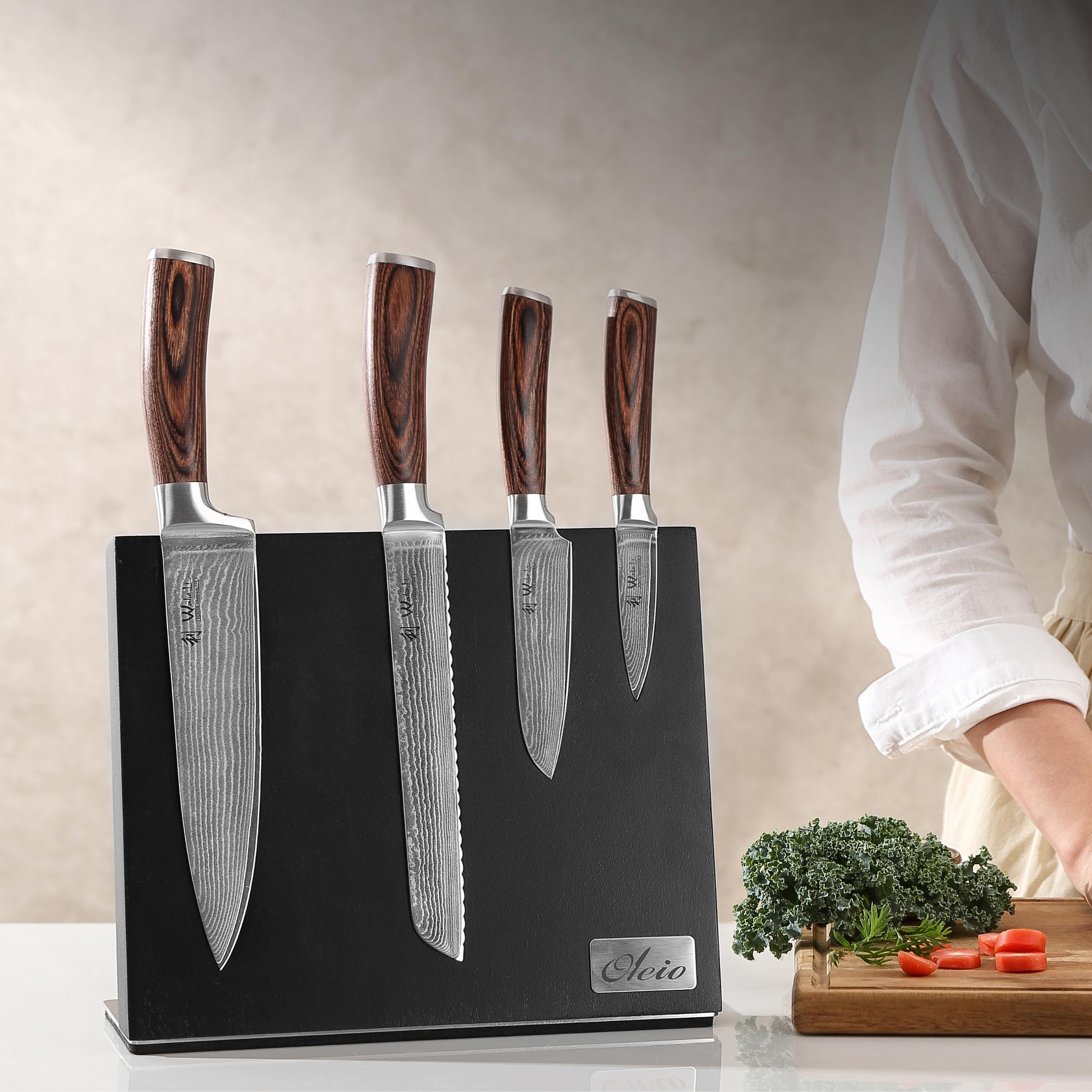OLEIO Bloc à couteaux magnétique noir en bois d'acacia pour 6 couteaux, avec aimant puissant, base en acier inoxydable et base antidérapante, porte-couteaux pour couteaux de cuisine et couteaux