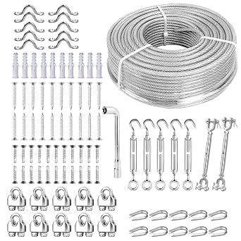 2PCS Turnbuckle, 1/4" M6 304 Stainless Steel Turnbuckle, 165ft Vinyl Coated Galvanized Steel Cable with M5 Turnbuckles for Cables Wire, Rope Clamp & Thimble,