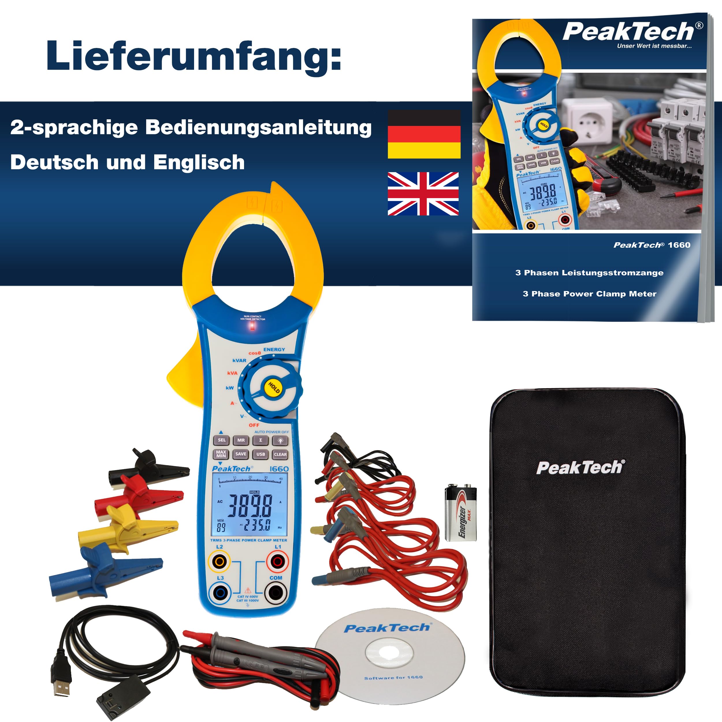 Peaktech P 1660 – Pinza Amperometrica Efficiente con USB, 1000A Ca, 9999 Conteggi, Multimetro Digitale per Kw, kWh, Kva, Tüv/Gs, Pinza Amperometrica, Voltmetro senza Contatto, Tester di Continuità