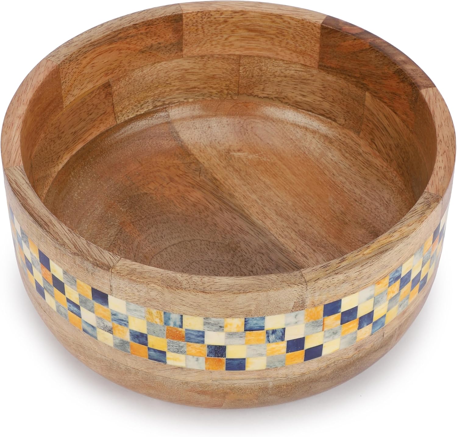 Handmade Wooden Serving Bowl – 9 Inch Mango Wood Salad, Snack & Fruit Bowl with Multi Color Checkered Inlay – Rustic Decorative Tableware for Kitchen & Dining Table