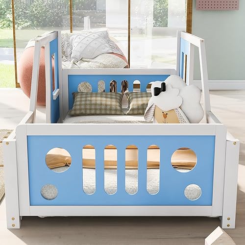 Miniatura 4 de P PURLOVE Cama de plataforma clásica en forma de automóvil con ruedas decorativas, marco de cama de automóvil para niños, cama de plataforma de