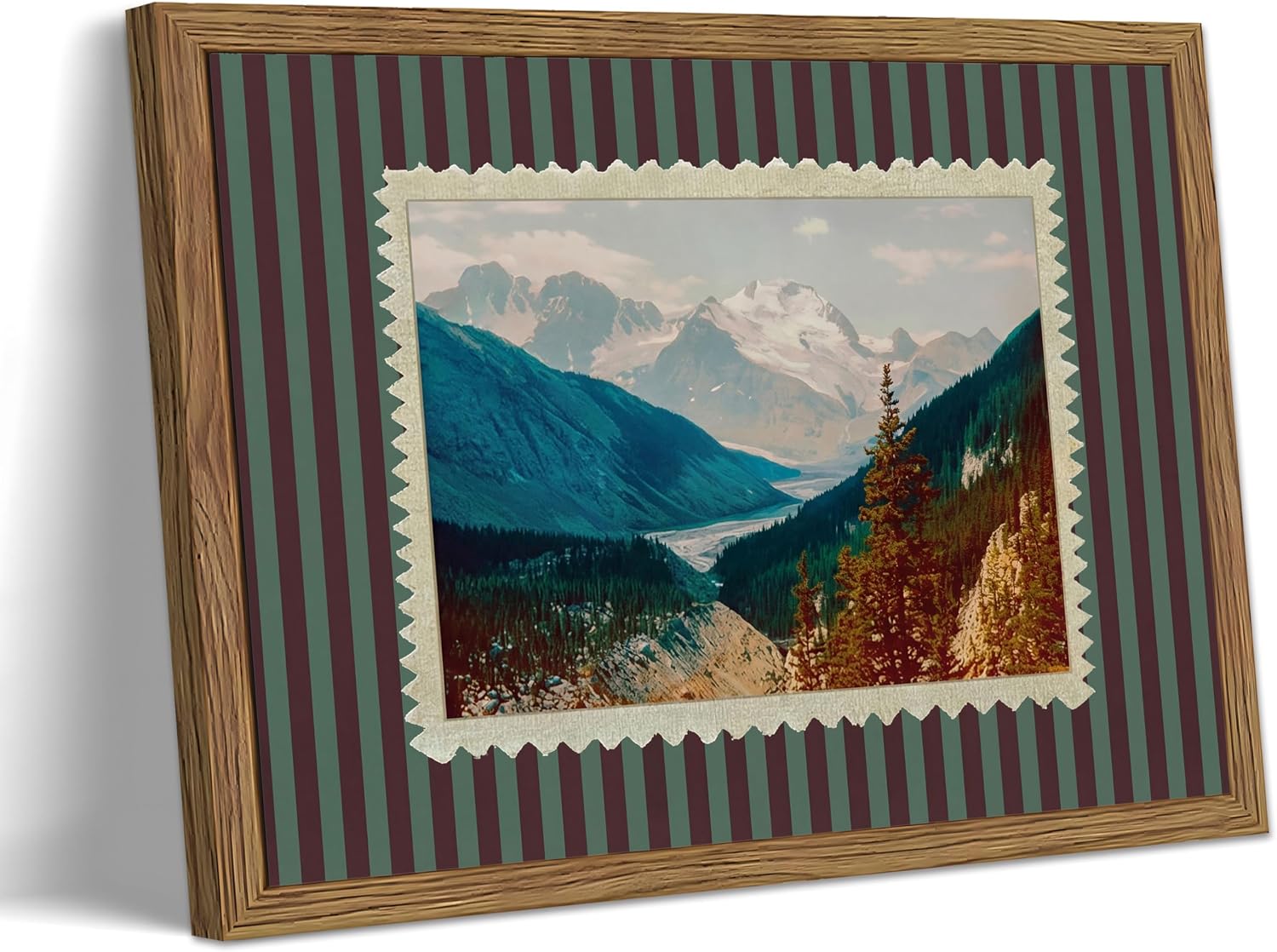 Vintage Framed Striped Wall Art, Retro Canada Mountain Postcard Print – Banff Landscape Postage Stamp Canvas Art with Wood Frame, Mid Century Modern Decor for Living Room Home 8x10 inch