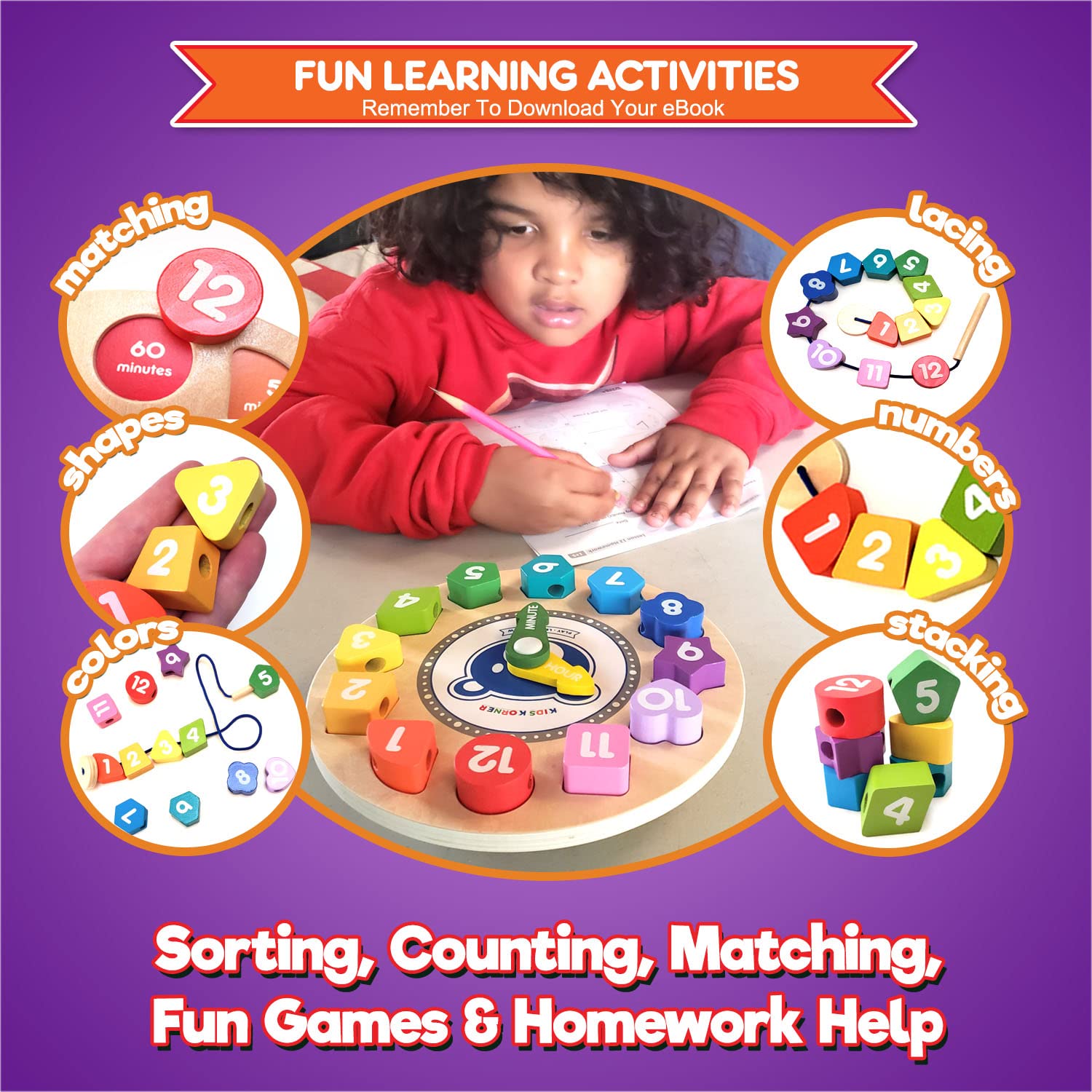 Lace & Learn - Reloj de madera para niños – Formas, colores, cordones y decir la hora – Brilla en la oscuridad habilidades motoras finas y juguetes de madera con libro electrónico de actividades 4