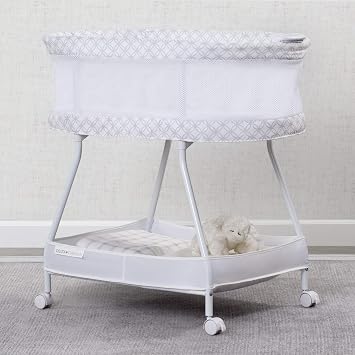 Delta Children Sweet Dreams Bassinet with Airflow Mesh Bedside Portable Crib with Vibration Lights and Music, Grey Infinity