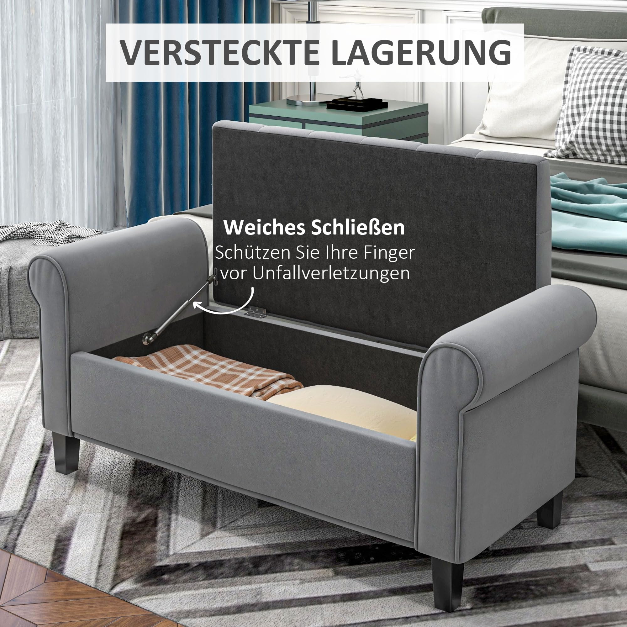 HOMCOM Sitzbank mit Stauraum Armlehne Bettbank 126 x 48,5 x 57 cm Grau | Polsterbank mit Samt-Bezug, mit Holzbeinen, Schuhbank, Schlafzimmer Wohnzimmer Flur