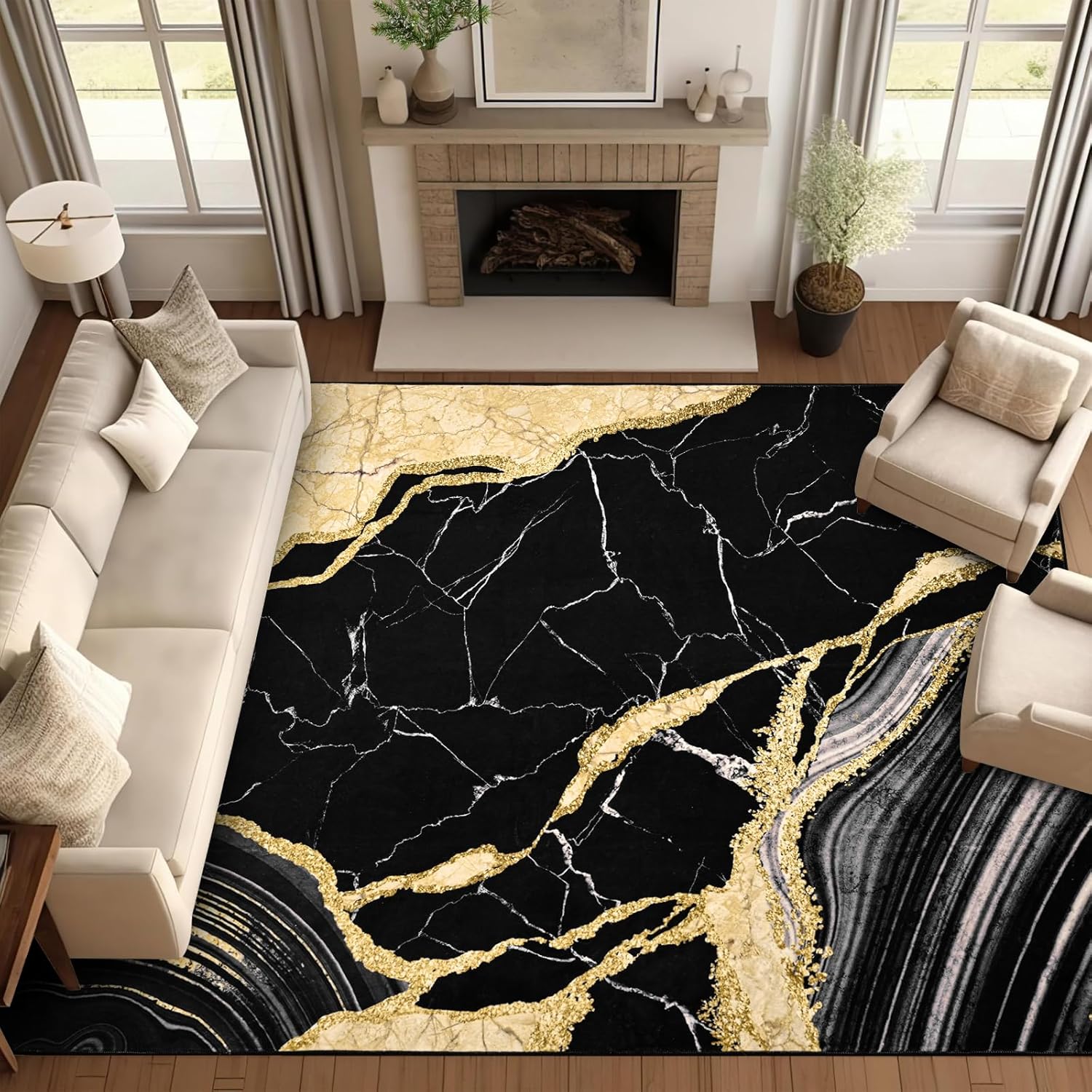 ASPMIZ Marble Area Rug 8x10 Washable Rugs for Living Room, Soft Faux Wool Black and Gold Bedroom Rugs Non Slip Modern Floor Carpet Low Profile Large Throw Rug for Dining Room Home Office Decor