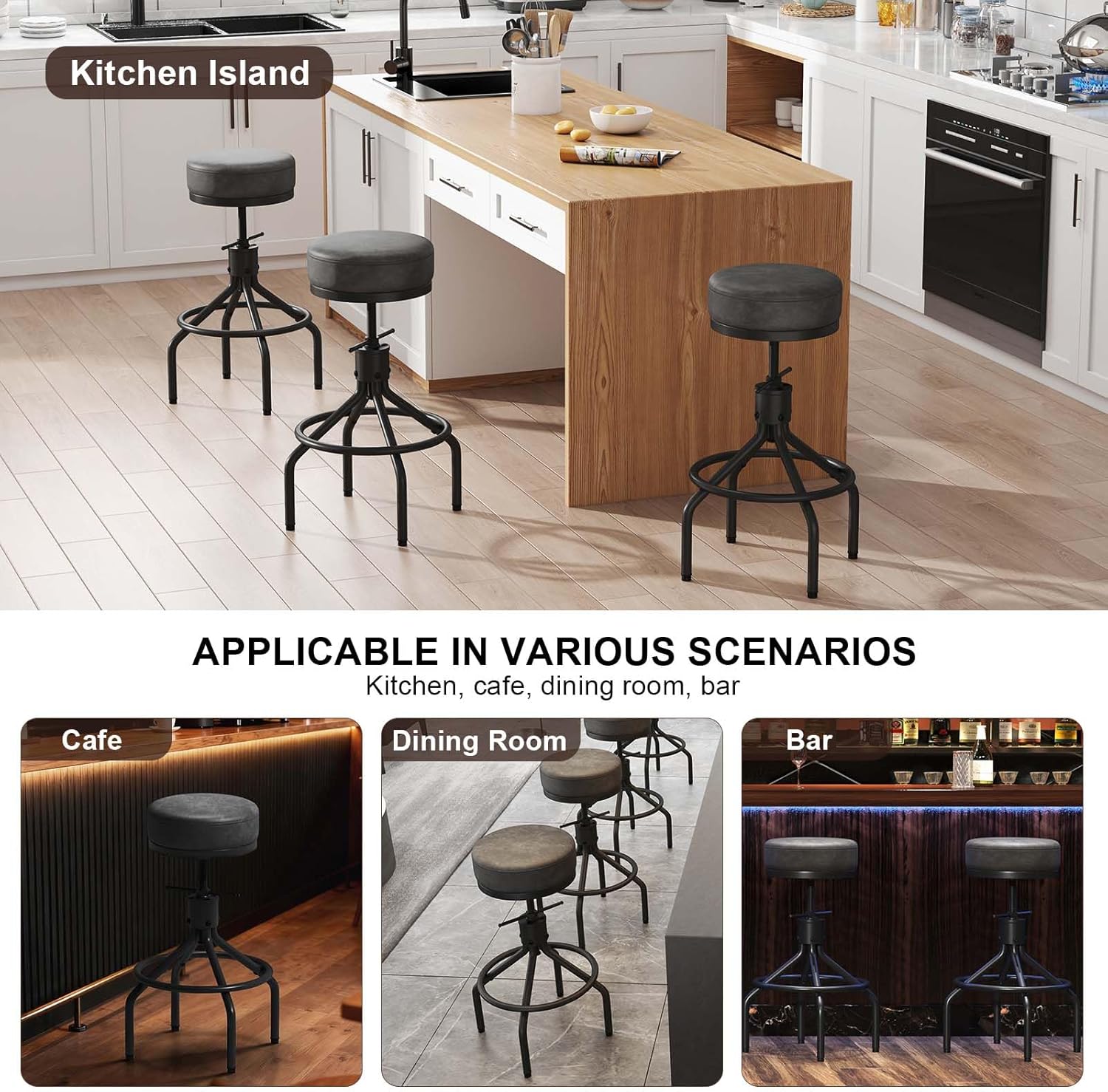 Grey Swivel Bar Stools Set of 2 Adjustable Swivel Round Barstools Modern PU Leather 28inch Industrial Backless Counter Height Stool Bar Chair for Kitchen Island (2, Grey)