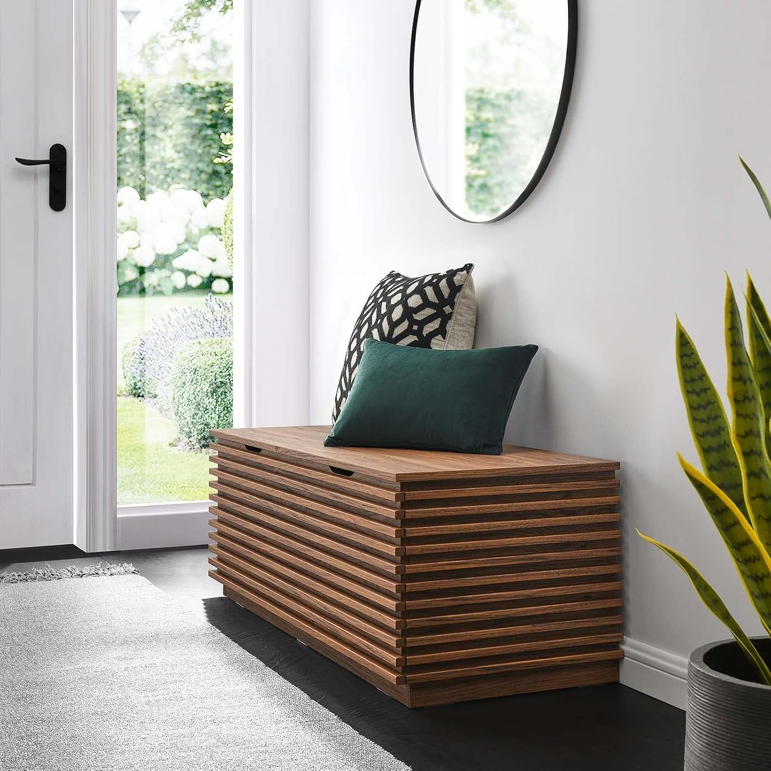 Pemberly Row Particleboard and Laminate Storage Bench, Walnut Finish, 47" W x 16.5" H x 18.5" D, Hinged Top, Slatted Detail, Mid-Century Style Living Room, Bedroom, Entryway or Mudroom Bench