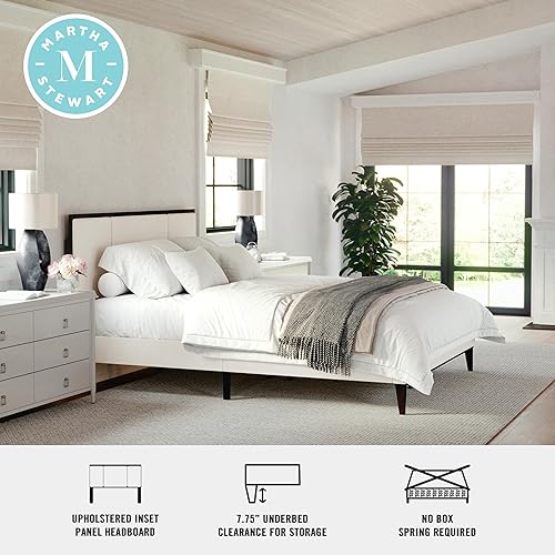 Miniatura 4 de Martha Stewart Jett - Cama de plataforma con cabecero, cabecera y base tapizada de tela, marco de madera maciza, no necesita somier, tamaño Queen,