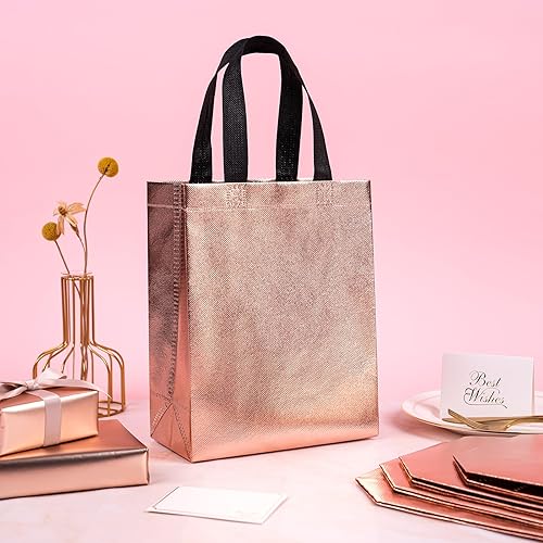 Miniatura 4 de WRAPAHOLIC Paquete de 12 bolsas de regalo reutilizables de oro rosa con asas, tamaño mediano de 8 x 4 x 10 pulgadas, perfectas para bolsas de regalo
