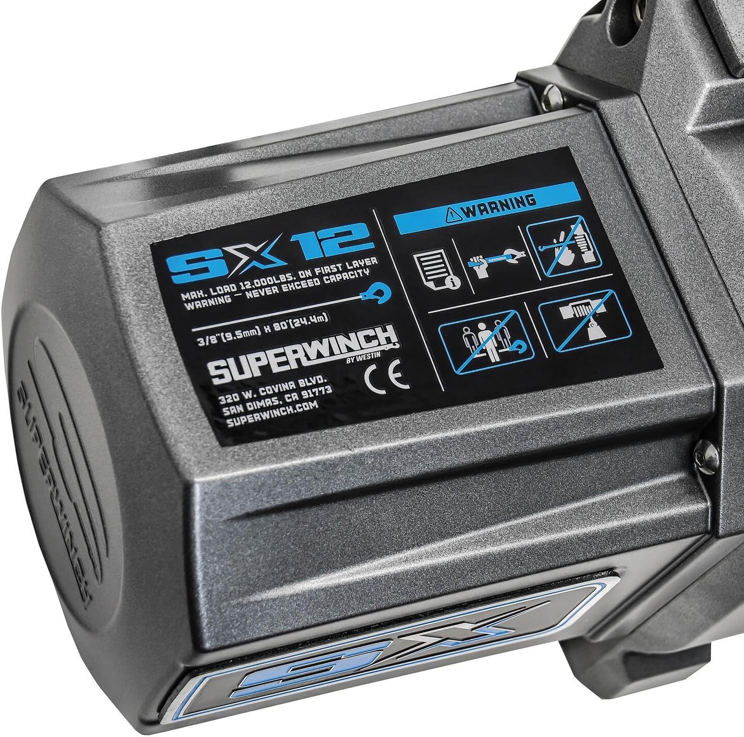 Superwinch 1712201 SX12SR 12V DC Electric Waterproof Recovery Winch 12,000lb/5,443kg Single Line Pull with Hawse Fairlead 3/8in x 85ft Synthetic Rope Corded Handheld and Wireless Remote No-Bind Clutch