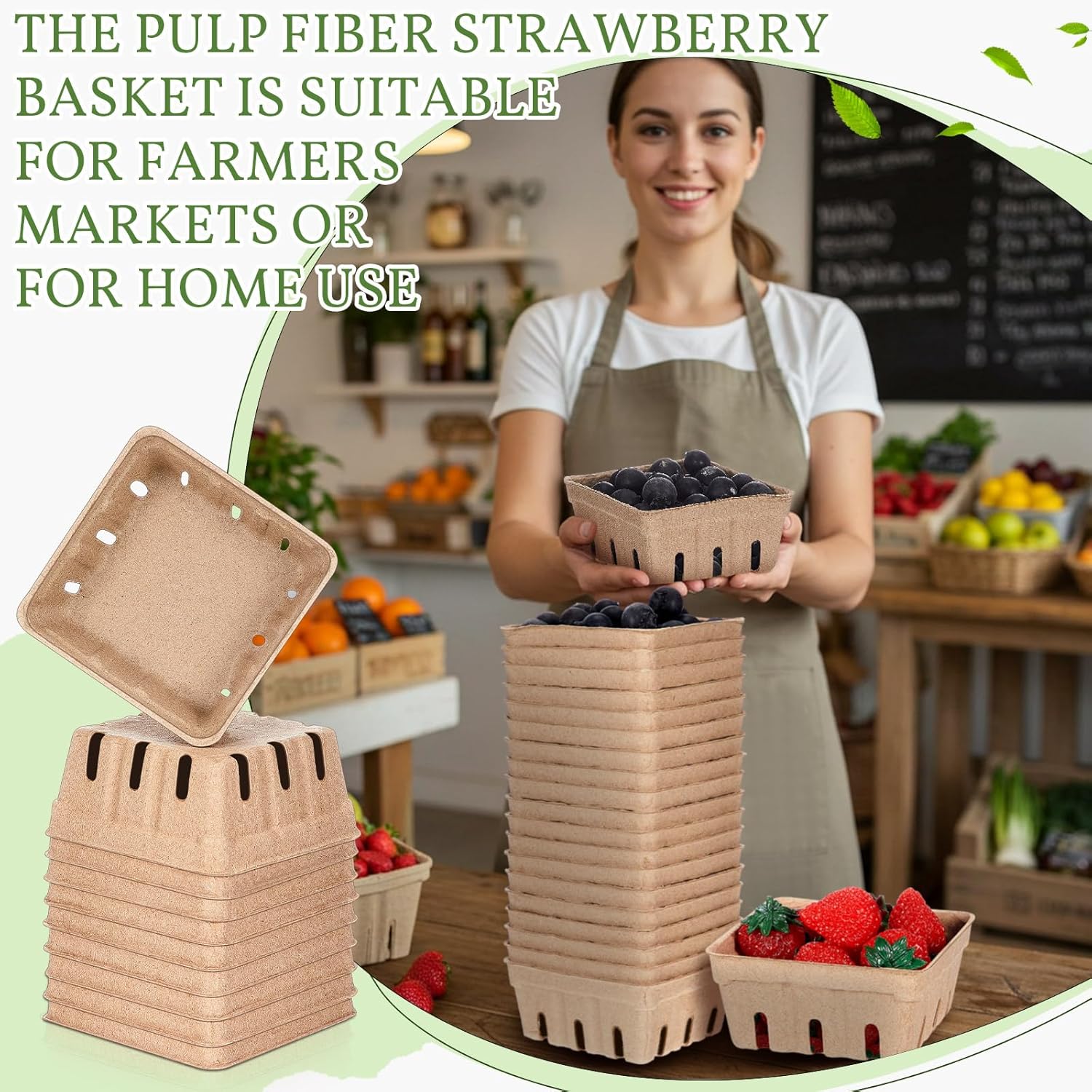 Reallnaive 50 Pack Natural Pulp Fiber Berry Baskets 1/2 Pint, Small Molded Produce Vented Basket for Strawberry, Blueberry, Raspberry, Vegetables, Farmers Market, Fruit Picking, Garden Harvest, Party