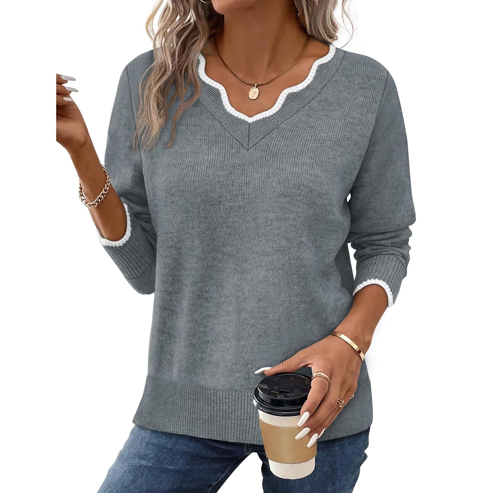 Womens Fall Lightweight Knitted Sweaters V Neck Long Sleeve Casual Pullover Sweaters Fashion Tops