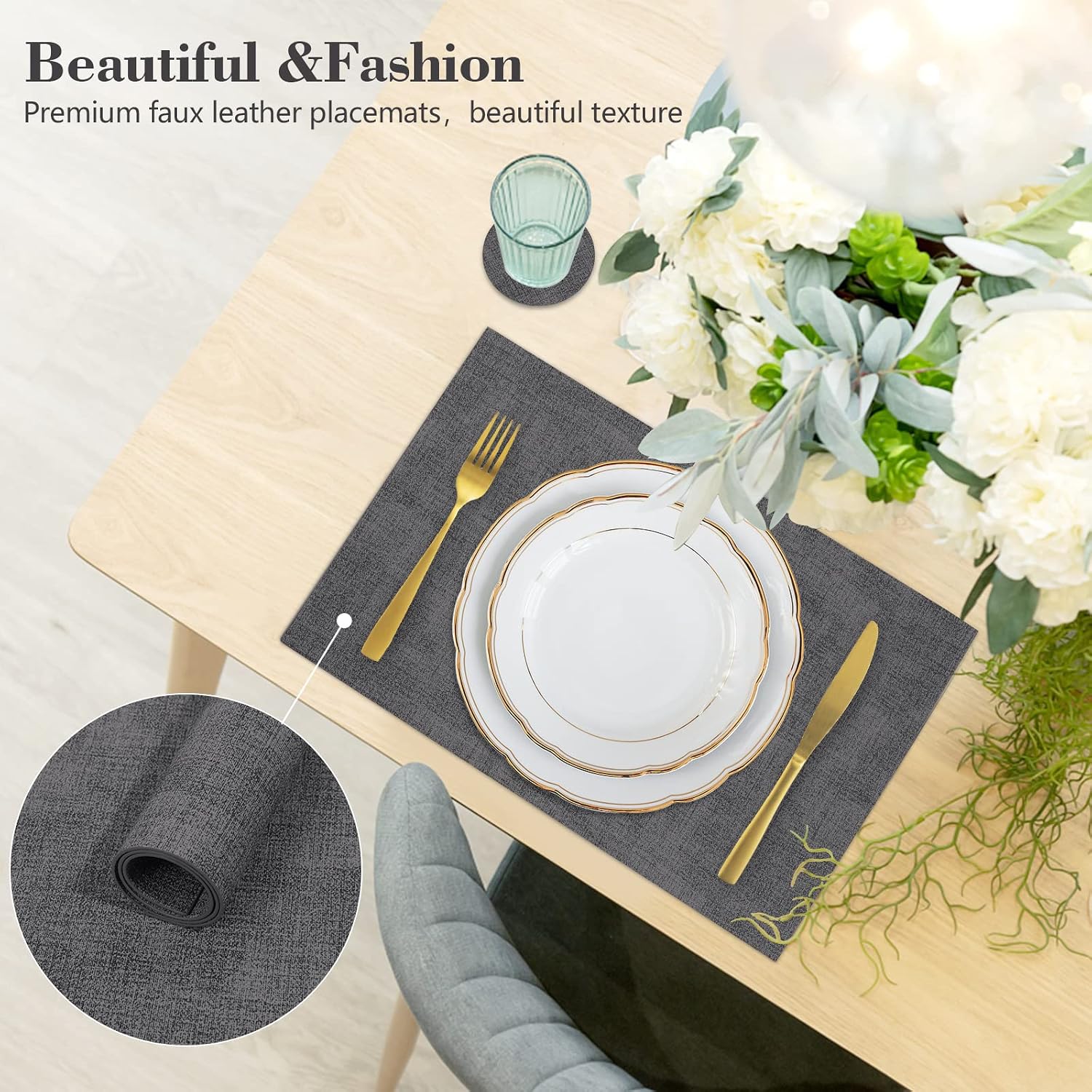 Faux Leather Placemats Set of 6,Heat Resistant Placemats for Dining Table, Easy Clean Non-Slip Place Mats, Waterproof Stain Resistant Wipeable Washable PU Table Mats, (Dark Grey) image 5