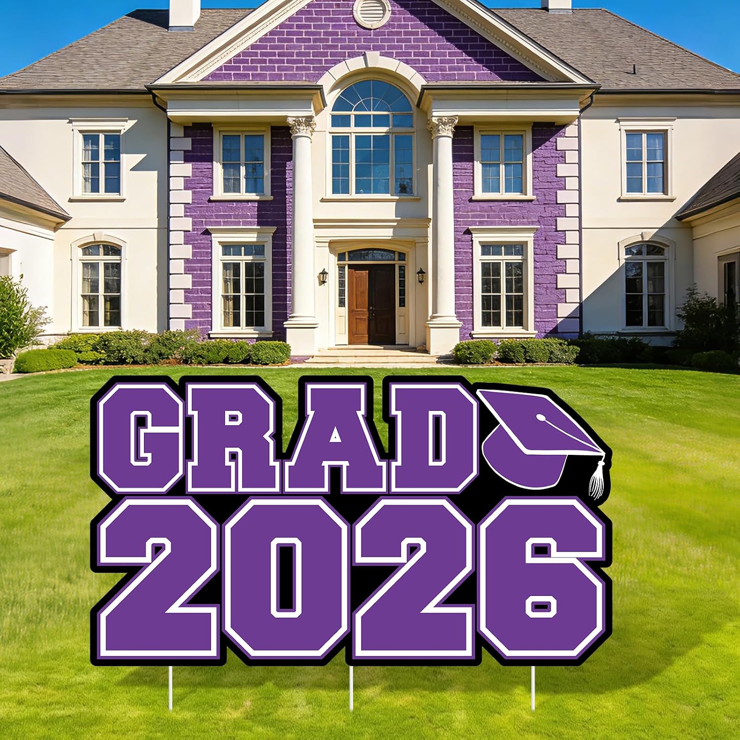 Graduation Yard Sign GRAD 2026 Lawn Sign with Stakes Black Purple Graduation Yard Decor Waterproof Congrats Grads Photo Booth Backdrop for College High School Party Outdoor Supplies 32’’ x 18’’