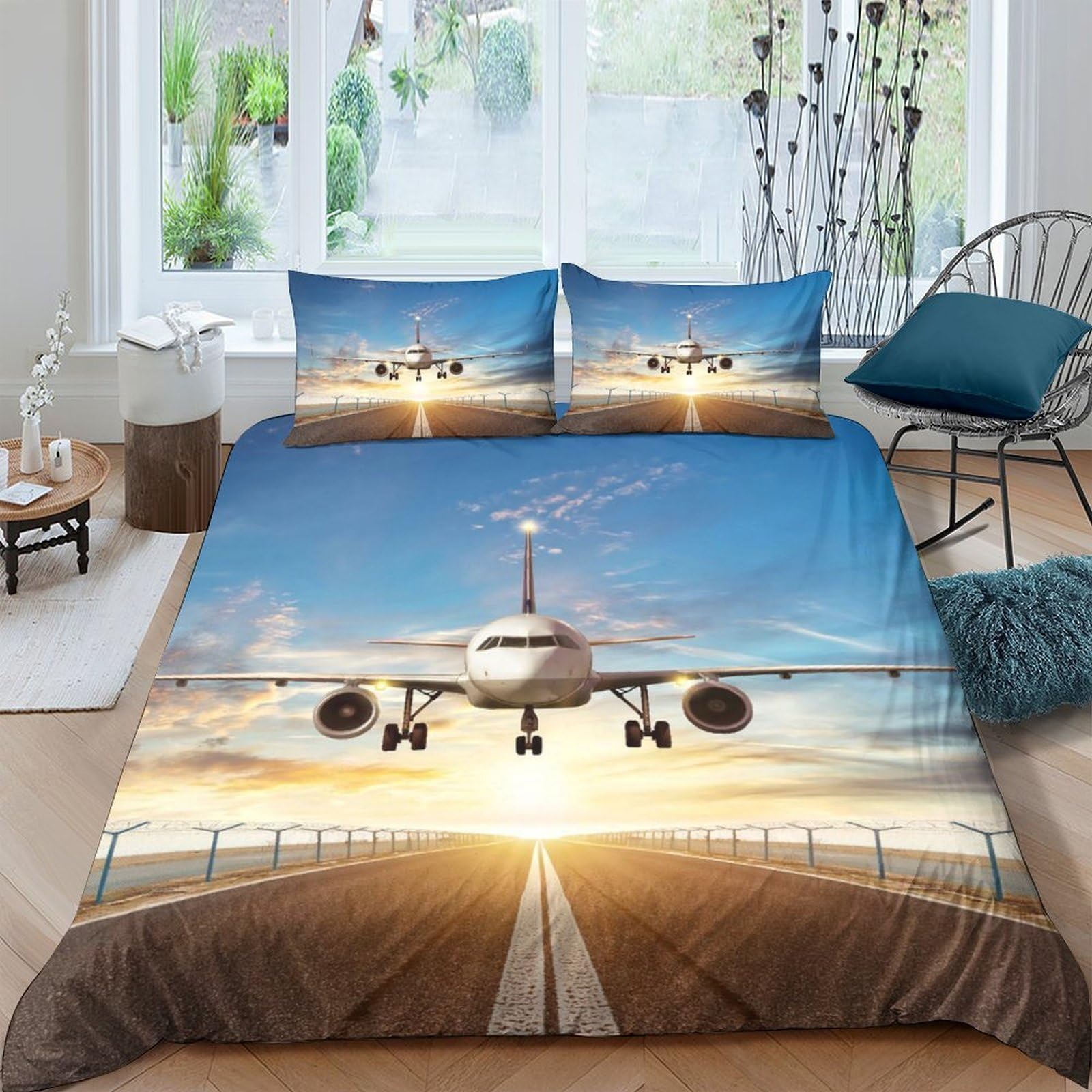 Ctjqhvkz Style-8 3D Printed Airplane Runway Fitted Sheet Microfiber Soft Breathable Sunset Bed Cover For Bedroom Guest Room Single（135X200cm）