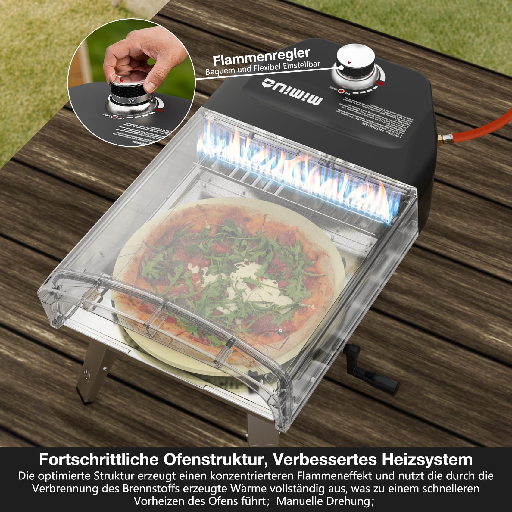 Mimiuo Gas Pizzaofen mit Drehfunktion und Gasdruckregler, Tragbarer Gasofen für Garten, 33cm Pizzastein