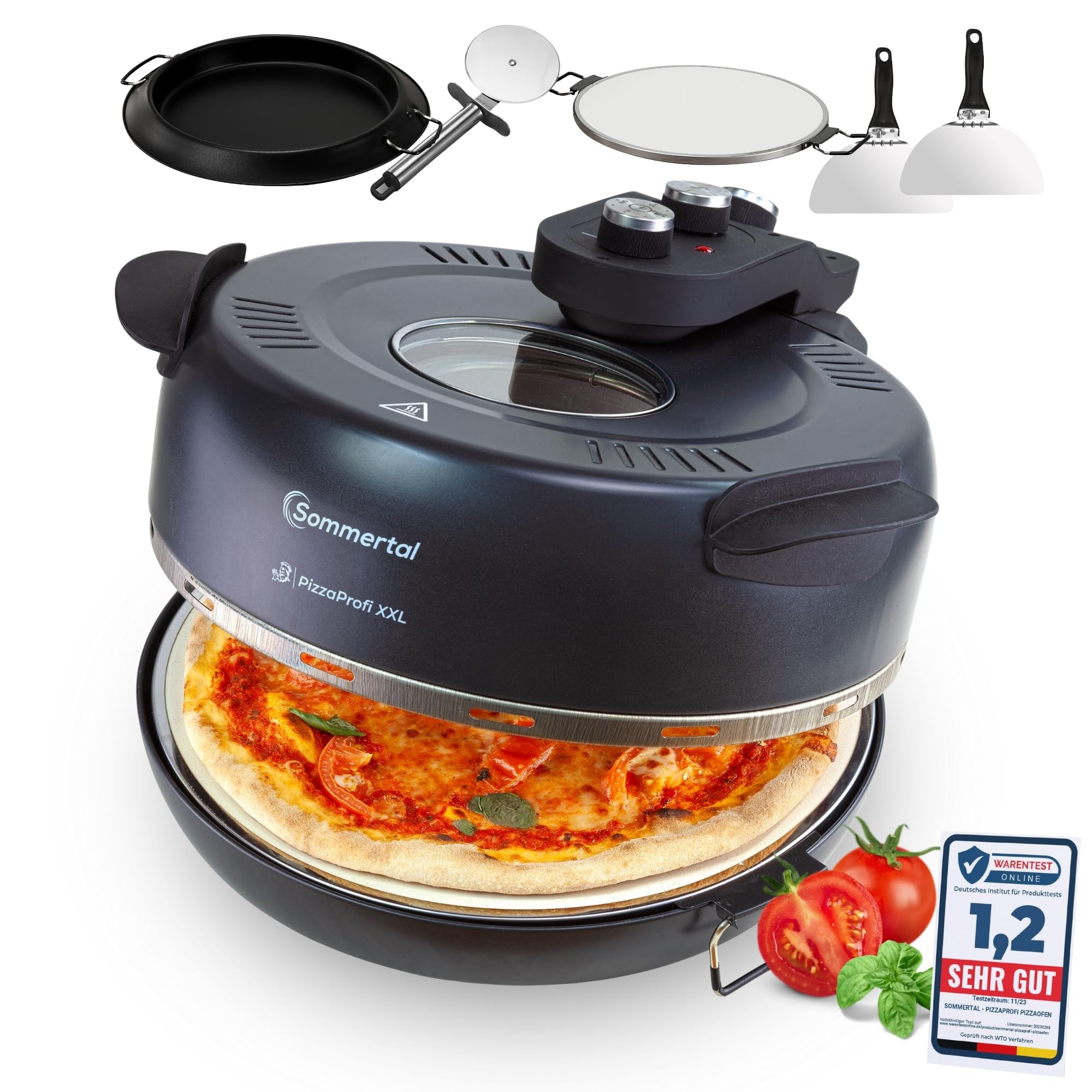 Four à pizza Sommertal PizzaProfi XXL avec plaque en pierre de 39 cm - four à pizza électrique, jusqu'à 400°C - Ensemble de 5 pièces avec insert de poêle, 2x pelle à pizza, cutter, pierre à pizza