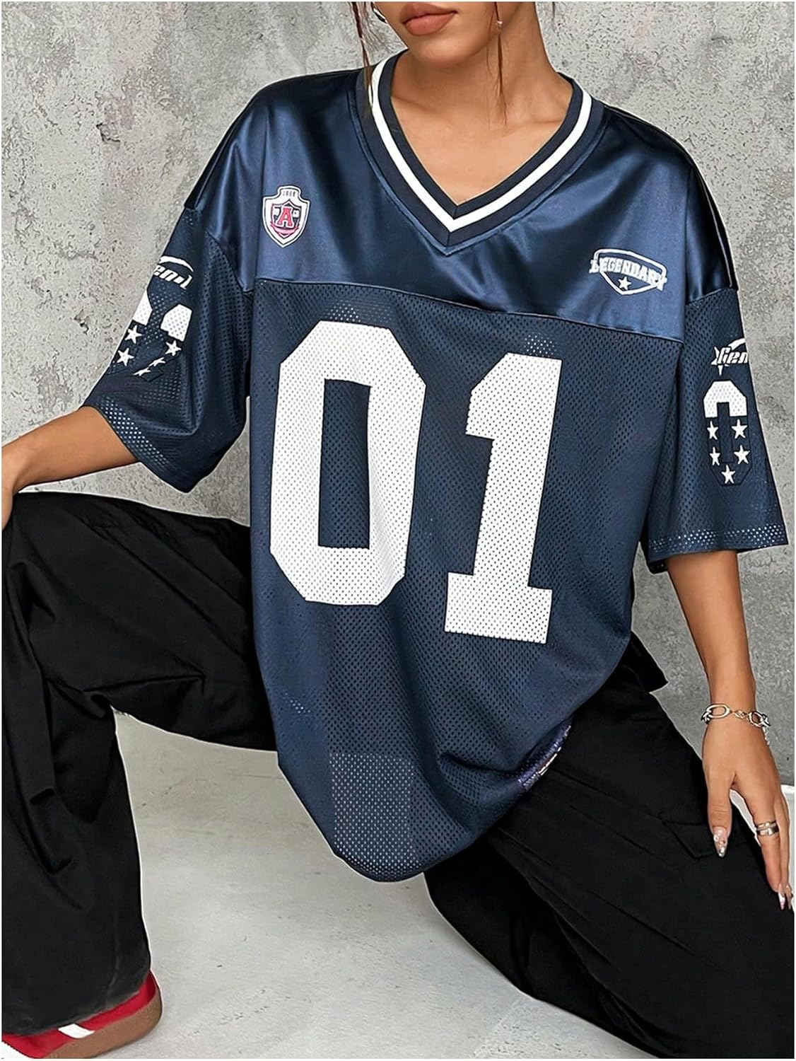 WDIRARA Women's Plus Size Football Jersey Shirts Oversized T Shirt Graphic Letter Print V Neck Short Sleeve Streetwear Top - Image 5