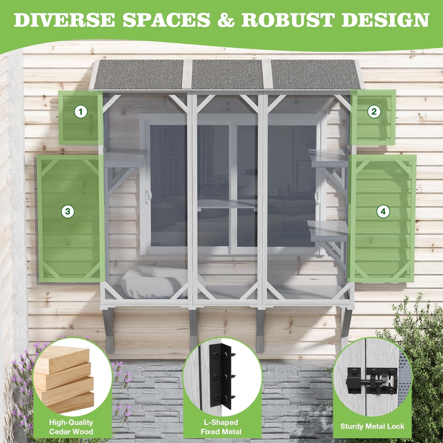 Large Catio Cat Window Box, Outdoor Cats Window Perchfor Indoor Cats with 4 Jump Platforms & 4 Doors, Comfortable Wooden Pet Perch House, Ultra-Fine Mesh Insect-Proof Screens, All-Weather Use