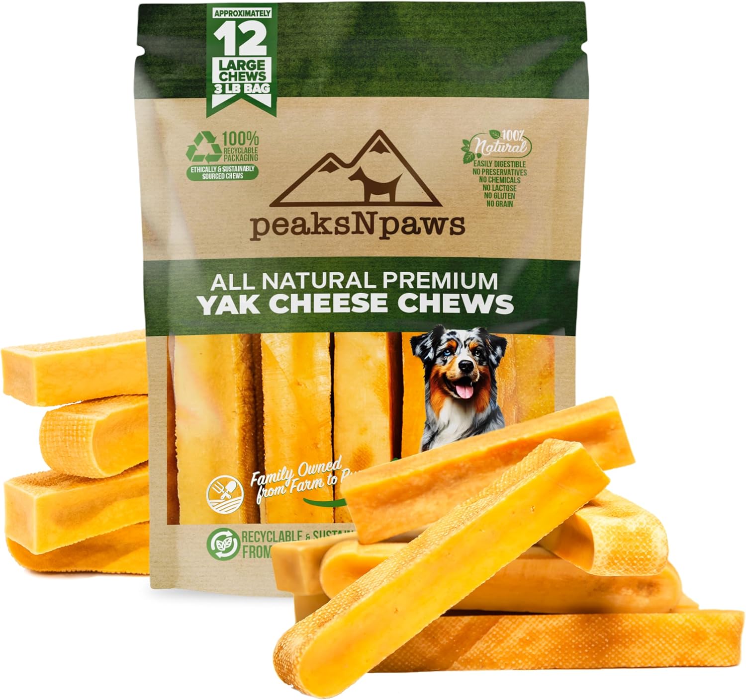 peaksNpaws Yak Cheese, High Protein, Himalayan Dogs Chews, Natural Dog Treats, Lactose Free, Long Lasting Dogs Treat for Aggressive Chewers Under 55 lbs 12 Large Chew Sticks