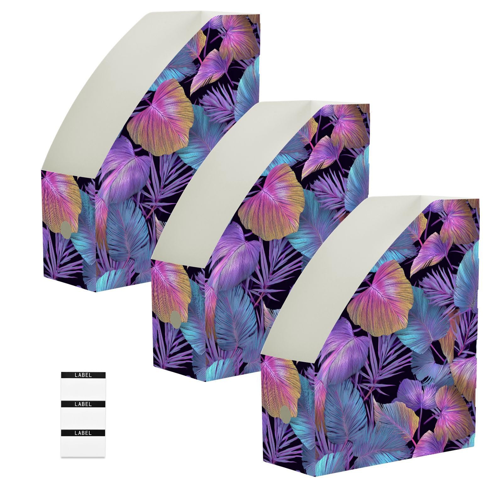 Boîte de rangement pour magazines pliable lot de 3 design feuilles tropicales violet et bleu