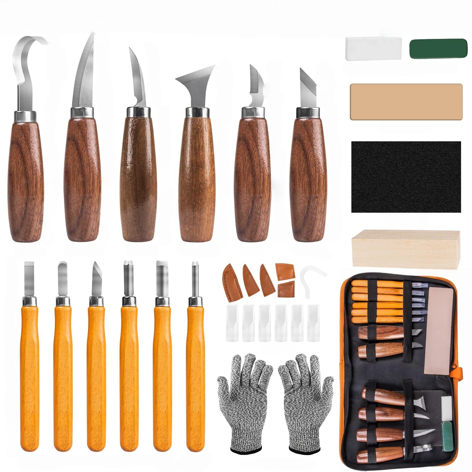 Woodworking Tools Set, 30 in 1 Deluxe Hand Tool Kit with Luxury Leather Case,Wood Whittling Kit with Including Basswood Blocks, Gift for Beginners Adults Kids DIY Fun