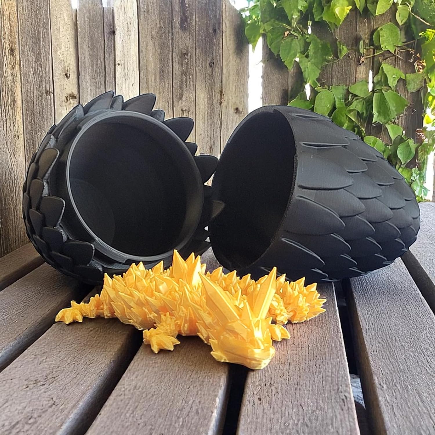 3D Printed Dragon Egg with Dragon - Black Egg with Gold Dragon - Large Flexible Fidget 3D Printed Toy, Gift Bag Filler, Desk Decoration, Party Favor, (12 Inch Dragon)