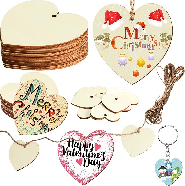 Queekay 32 Pieces Wooden Hearts for Crafting Wooden Craft Shapes with Hole Blank Wooden Heart Embellishments Unfinished Wooden Heart Shape Wood Slices for DIY Arts Crafts