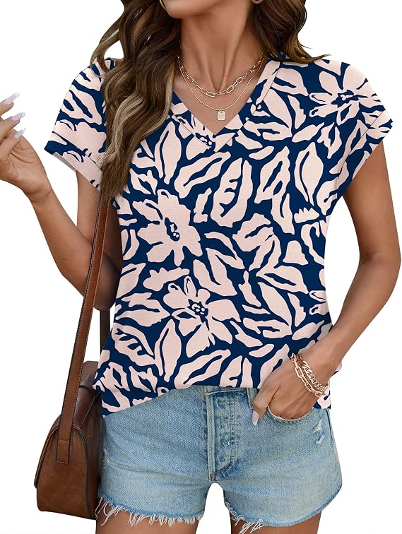 Rapbin Womens Summer Tops Women Blouses Dressy Casual V Neck T Shirts Short Sleeve Spring Tops for Women