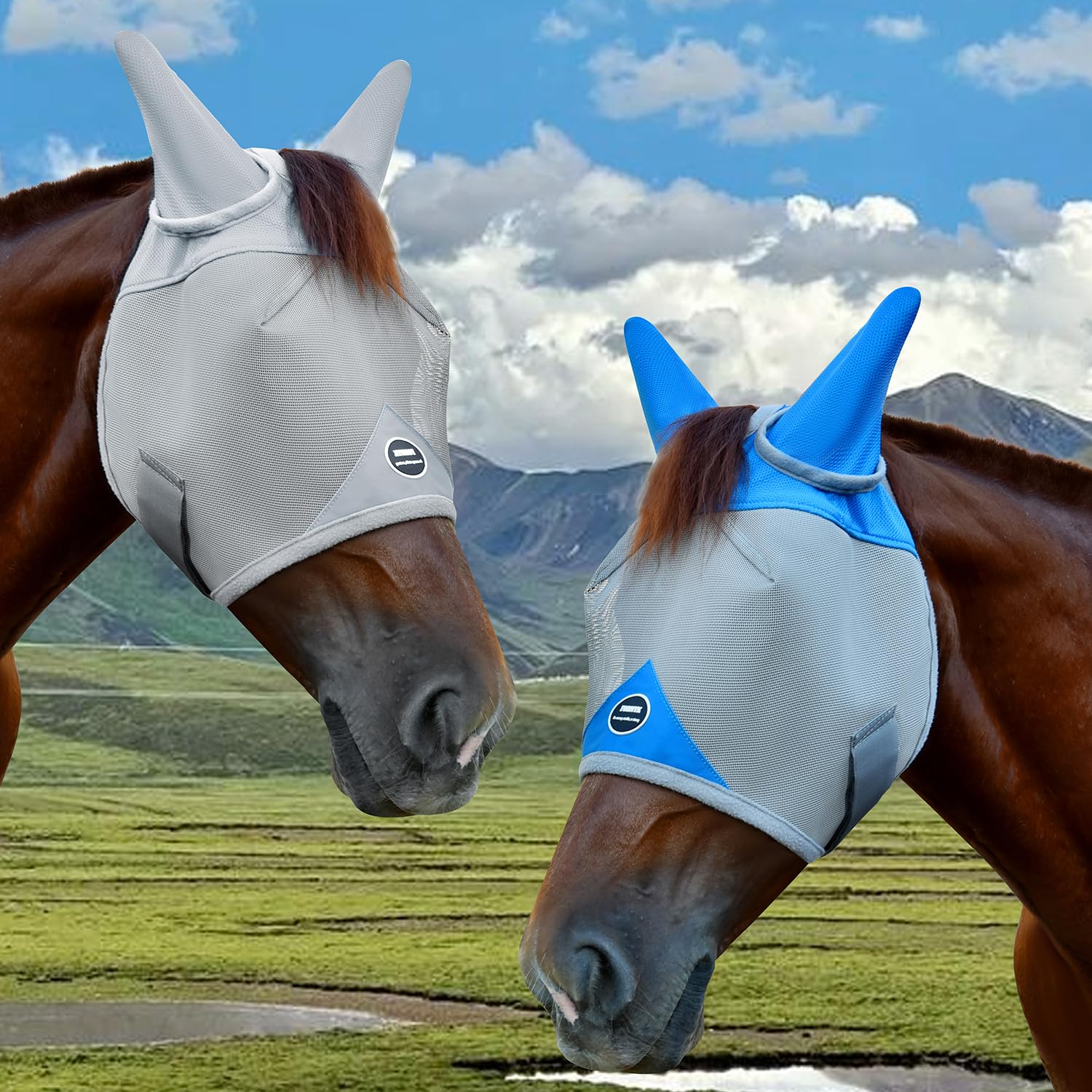 Fornyk Horse Fly Mask, Adjustable Fly Masks for Horses with Ears, Breathable and 70% UV Protection, Comfort Mesh Without Nose Cover, Horses Accessories (Grey, Blue, Medium) - image 8
