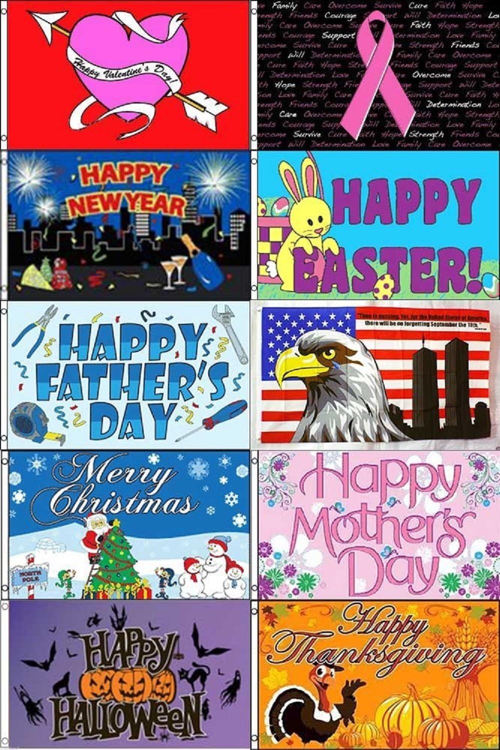 3x5 3'x5' Wholesale Holiday Combo Pack Halloween Christmas Thanksgiving Easter New Years Breast Cancer Awareness Mother Father Day 911 Premium Polyester Fade Resistant Fabric